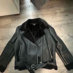 Topshop Black Leather Jacket with Belted Detail
